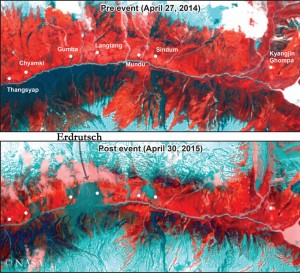 Vor und nach dem Erdrutsch in Langtang (© NASA)