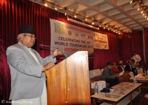 Tourismusminister Kripasur Sherpa bei seiner Rede am Sonntag