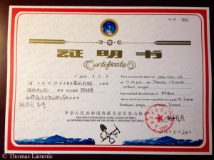 Zertifikat des tibetischen Bergsteiger-Verbands