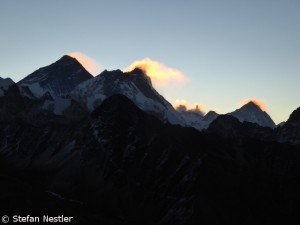 Mount Everest, Lhotse, Makalu (from l. to r.)