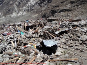 Piles of rubble where Langtang Village was previously