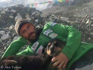 Txikon (with a stray dog) in Base Camp