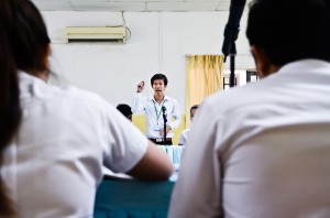 A student makes his case during a mock debate held to encourage critical thinking on gender issues among Cambodian youth