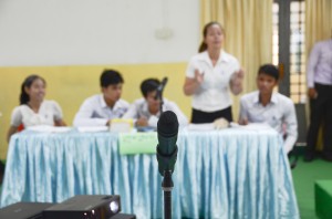 Students discuss gender issues during a mock debate held to encourage critical thinking issues among Cambodian youth