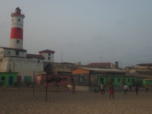 The colorful shelter and the James Town lighthouse