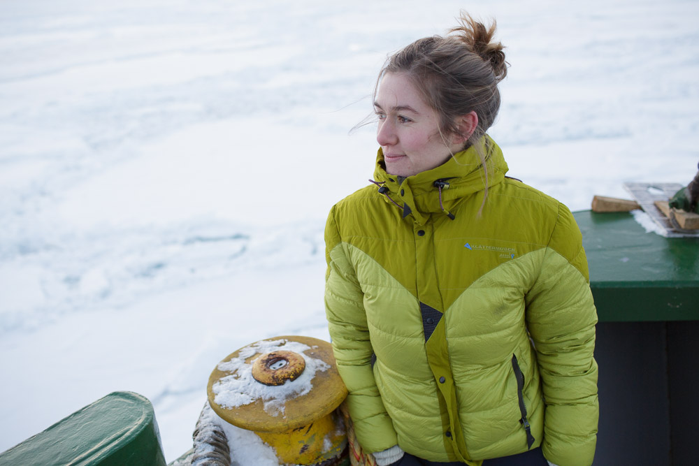 Greenpeace's Larissa Beumer on board the Arctic Sunrise in the Spitsbergen archipelago. (Pic: Nick Cobbing, courtesy of Greenpeace).