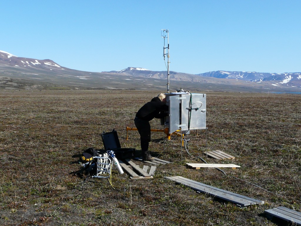 Measuring CO2 emissions from summer permafrost at Zackenberg, Greenland. GLobal emissions warm the Arctic, melting permafrost reinforces the global warming effect. (Pic: I.Quaile)