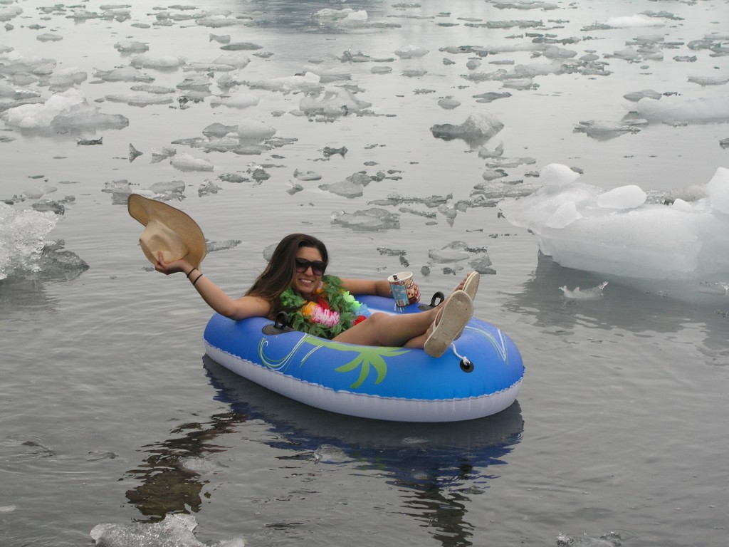 Climate Change Ambassador in bikini in melting ice, Alaska