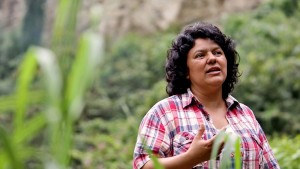 In this Jan. 27, 2015 photo released by The Goldman Environmental Prize, Berta Caceres speaks to people near the Gualcarque river located in the Intibuca department of Honduras. (Tim Russo/Goldman Environmental Prize via AP) |