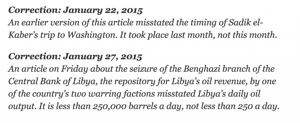 A New York Times correction appended to the end of an online article